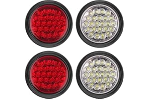 PARTSWCGG 4Pcs 4 Inch Round Led Stop Turn Tail Brake Backup Reverse Lights 24 LED Waterproof 4 Inch Round LED Trailer Tail Lights for Trucks RV W/Lights Grommets 3-Prong Trailer Wire Pigtails 12V (2Red+2White)