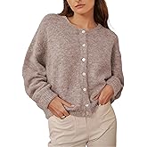 HOWALOOK Women's Round Neck Button Down Long Sleeve Blouse Cardigan Loose Fit Knit Top Crewneck Sweater
