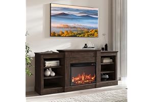 BELLEZE Modern 66" Electric Fireplace Heater Mantel TV Stand & Media Entertainment Center for TVs up to 66" with Energy-Efficient Heater with Sound and Side Shelves - Lenore (Brown)