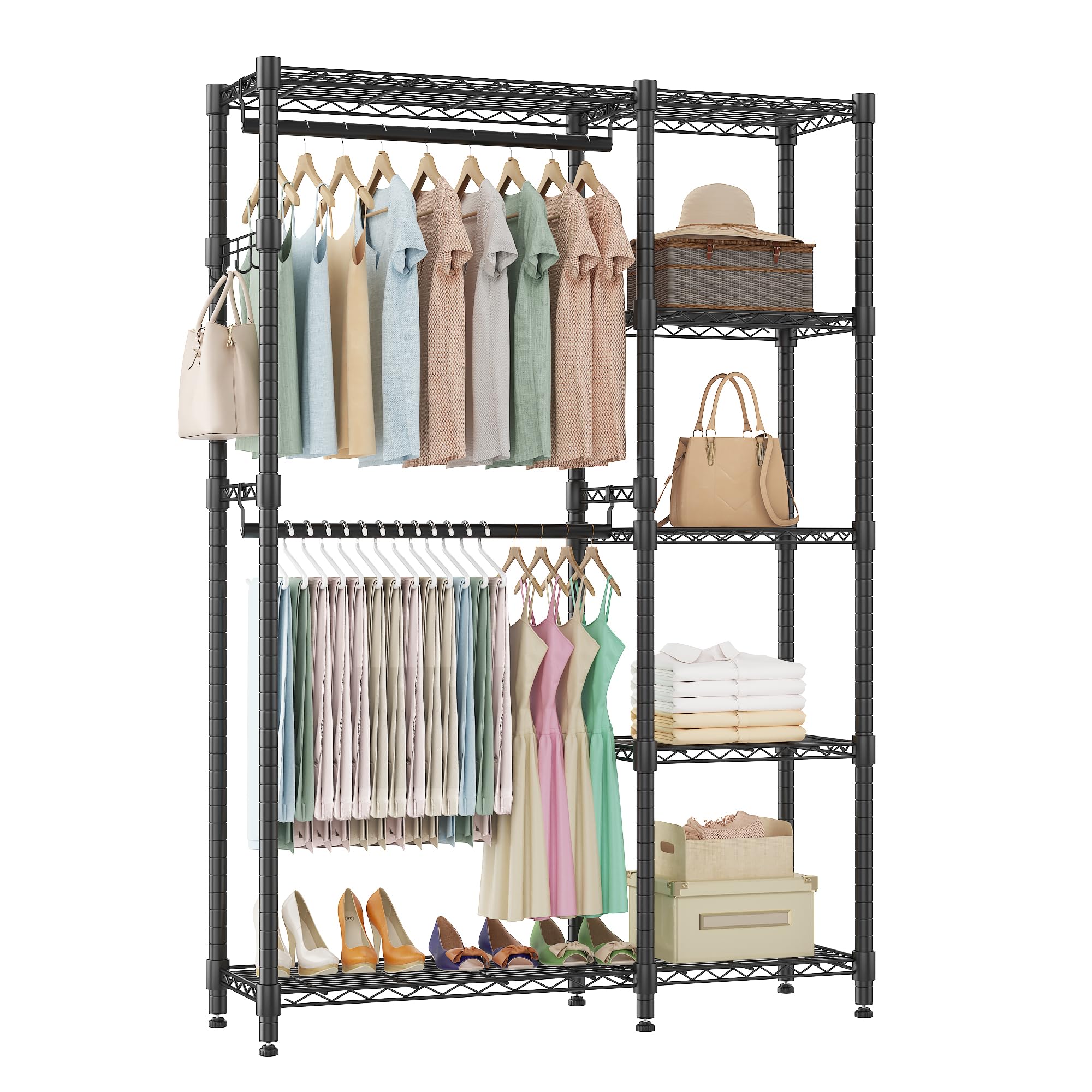 Homdox Heavy Duty Clothes Rack with Double Rods, 5-Tier Freestanding Wardrobe System, Adjustable Metal Clothing Rack with Side Hooks, Portable Closet Organizer for Hanging Clothes, Black