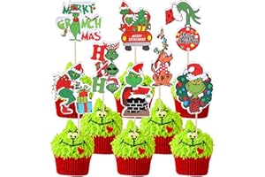 ZHUOWEISM 32 PCS Merry Christmas Cupcake Toppers Double Sided Red and Green Monster Drink Up Grinches HoHoHo Cupcake Picks for Merry Christmas Theme Xmas Holiday Birthday Party Cake Decorations Supplies