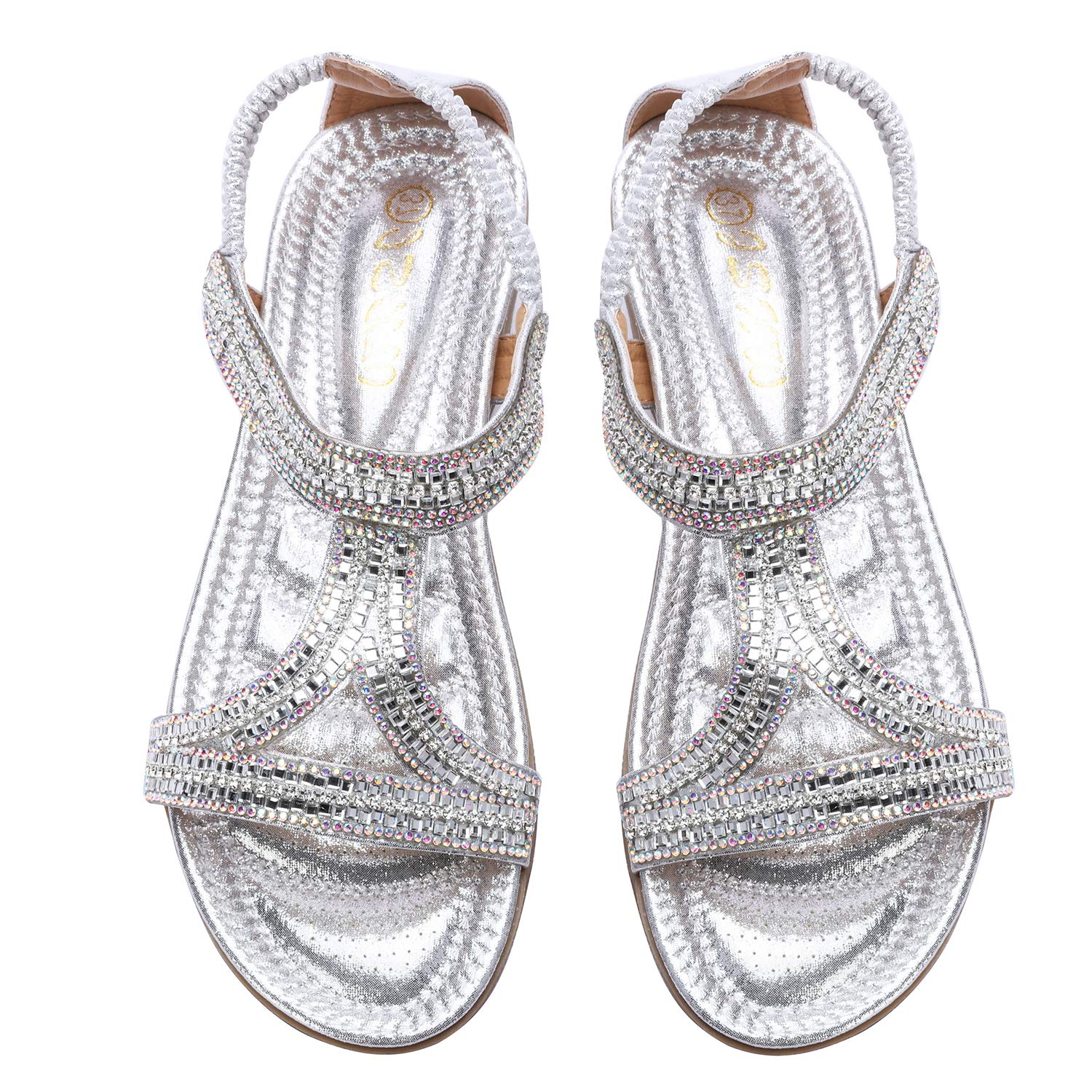 Odema Womens Glitter Flat Sandals Rhinestone Open Toe Slip-on Dress Shoes