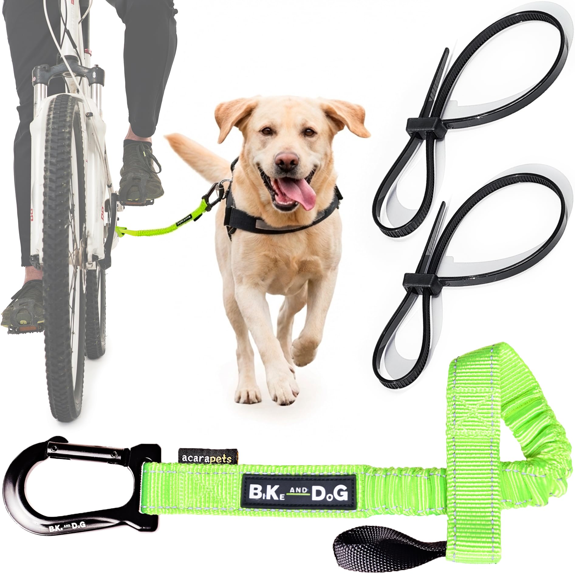 BIKE AND DOG - Bicycle dog leash, tool-free attachment, special harness option, includes 2 bike ties. Patented. (Yellow)