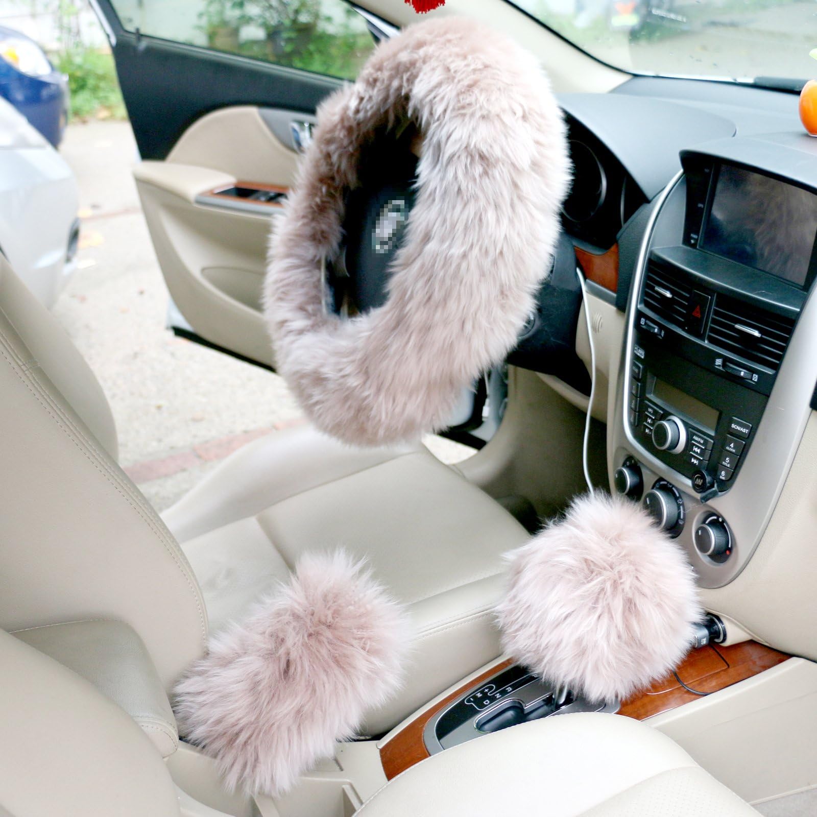 Firwood Universal Luxury Plush Faux Wool Woolen Steering Wheel Cover Case Handbrake Guard Shift Knob Skin 3 in 1 Kit (Light Brown)