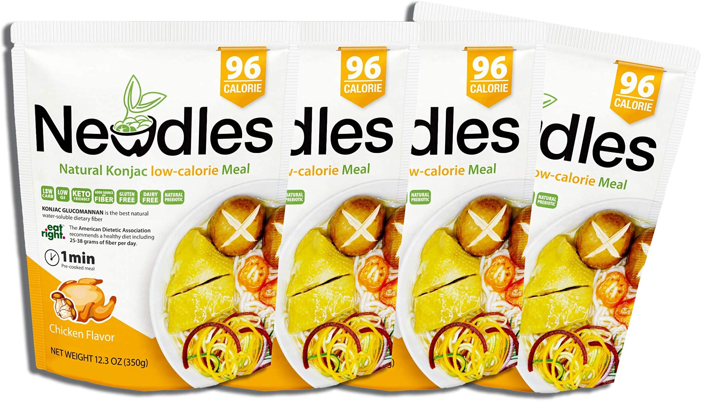 Newdles (New Generation) Konjac/Shirataki Low-Calorie Meal (Chicken Flavor) Easy to prepare, No boiling, Low Carb, Low Calories, High water-soluble dietary fiber, Good taste(Pack of 4)
