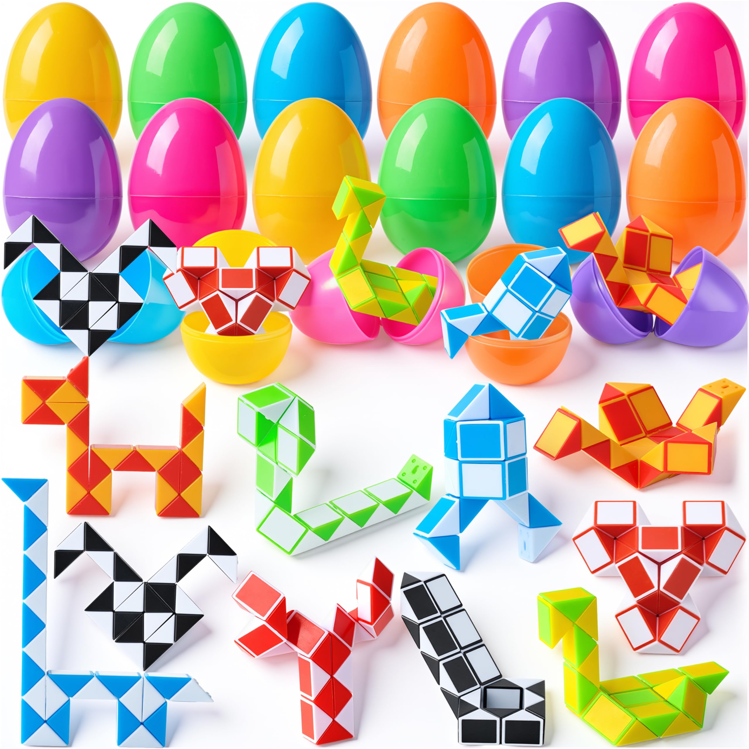 JOYIN 12 Pcs Prefilled Easter Eggs with Mini Snake Cubes Twist Puzzle Toys Snake Speed Cube Fidget for Kids Easter Party Favor Egg Hunt Classroom Exchange and Prize Supplies