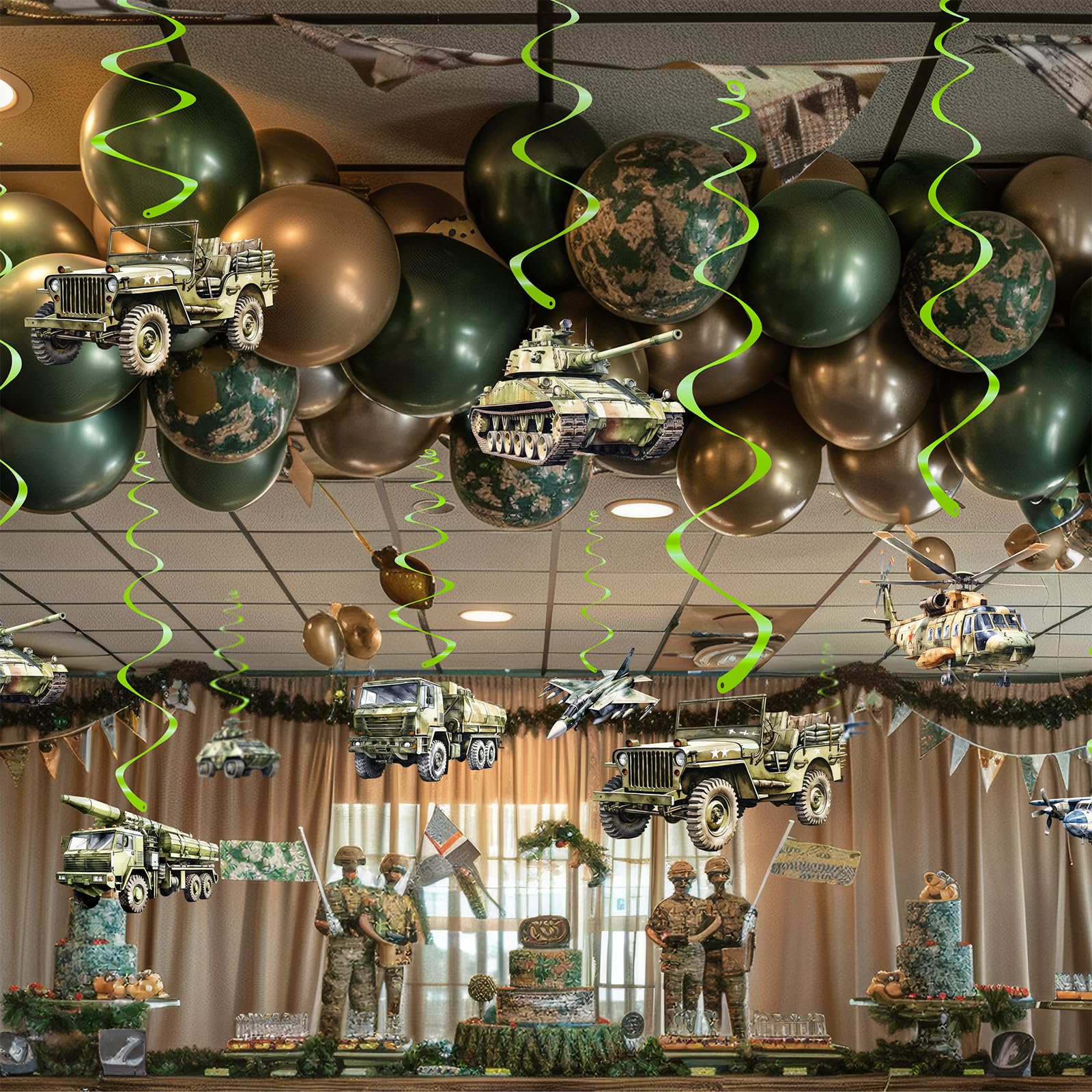 Photo 1 of 40 Pack Army Hanging Decorations – Camouflage Party Decorations for Boys, Military Party Supplies and Green Camo Party Decor