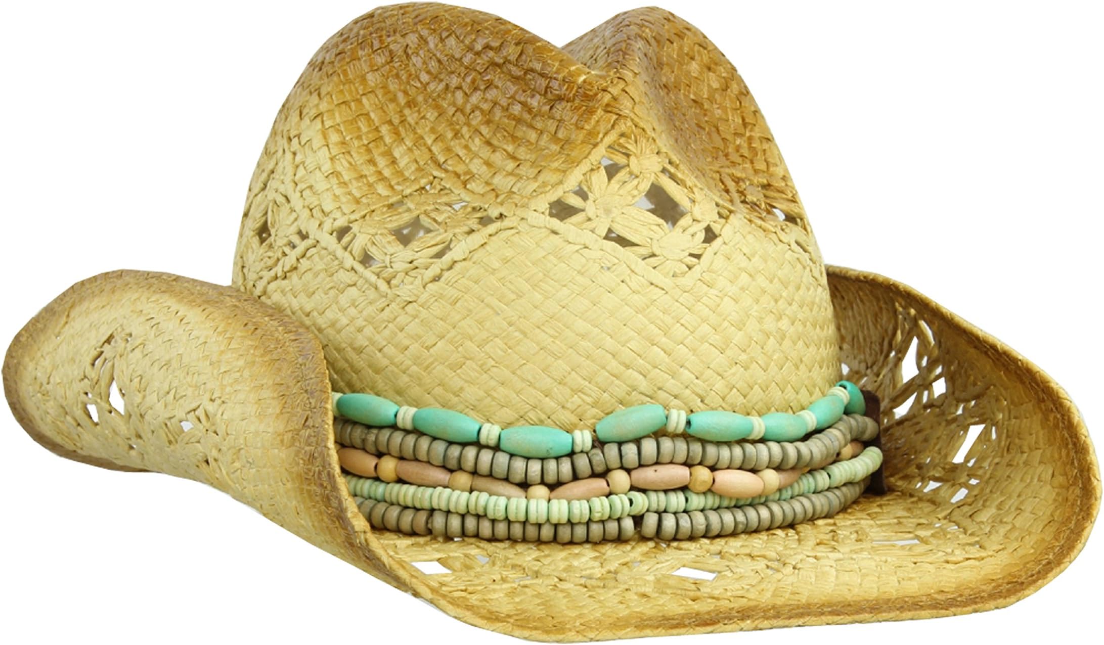 Beach Straw Cowboy Hat w/ Wood Beaded Trim & Shapeable Brim – Summer Cowgirl
