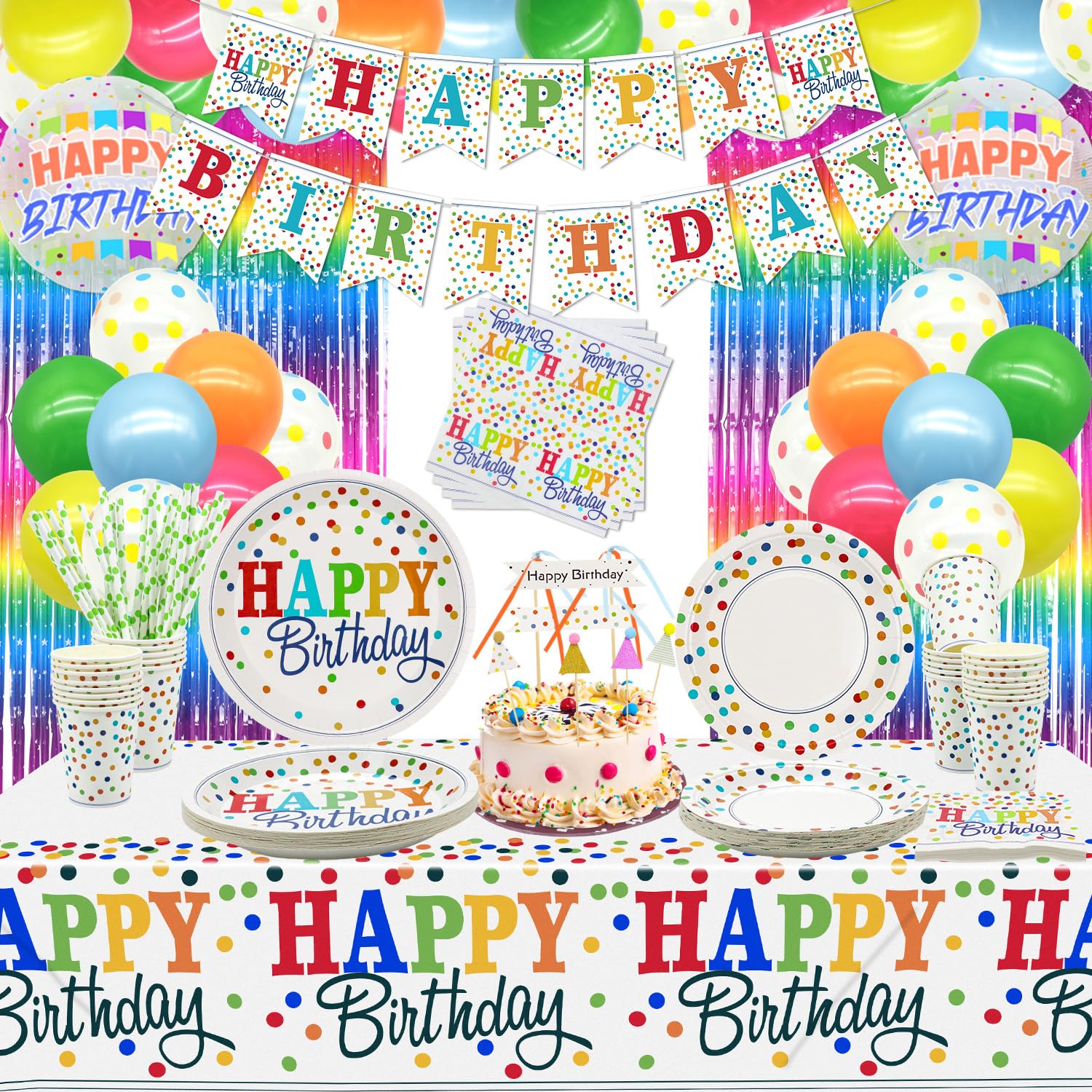 152 PCS Rainbow Party Supplies - Colorful Balloons, Polka Dot Banner, Fringe Curtains, Cake Topper, Plates, Napkins, Cups and Tablecloth for Kid Confetti Sprinkle Party Decorations, Serves 20 Guests