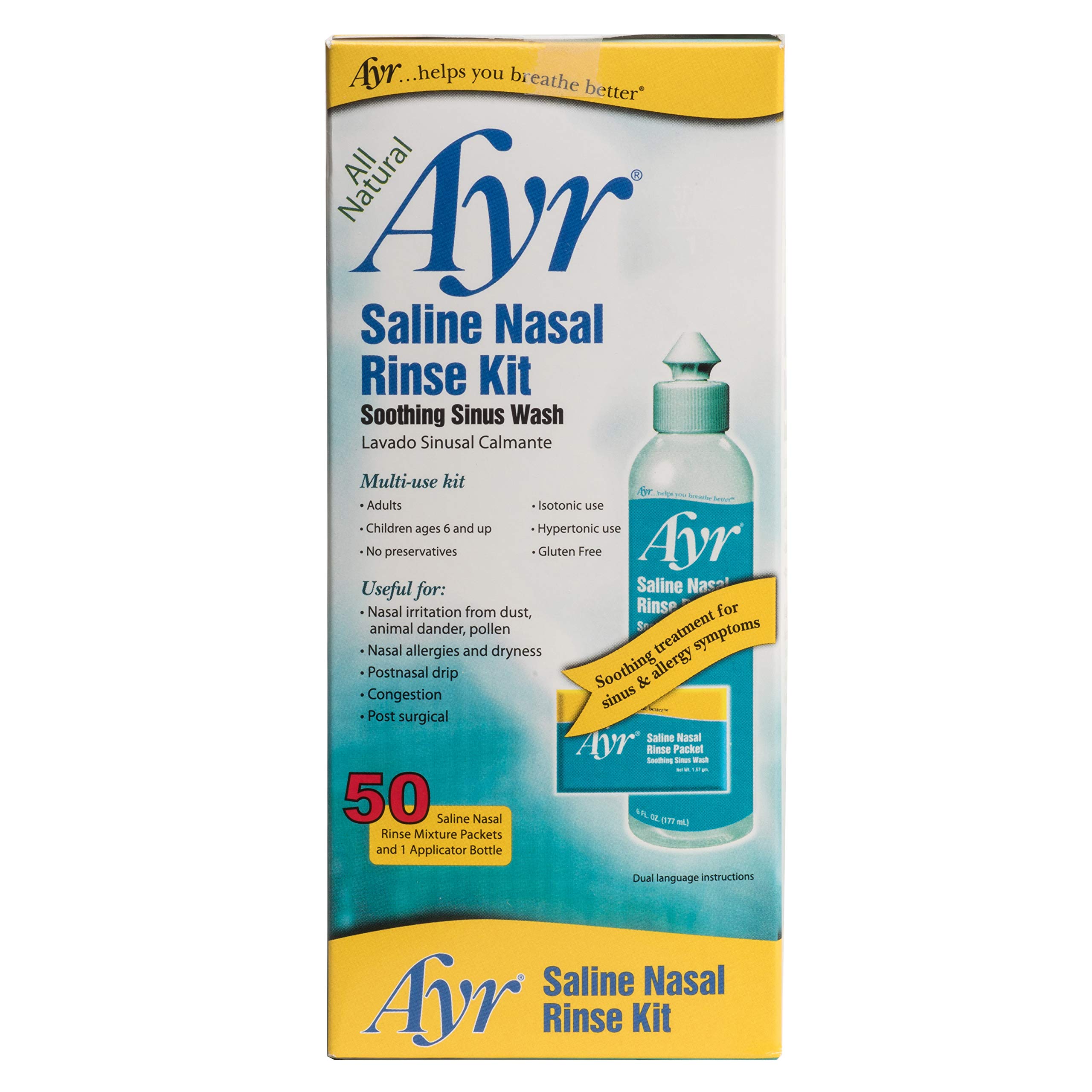 AYR Saline Nasal Rinse Kit Soothing Sinus Wash, 50-Count Saline Nasal Rinse Mixture Packets Plus Applicator Bottle (Pack of 2)