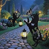 Cat Solar Lights Outdoor Garden, 2 pcs Lantern Stakes Decorative Black Ornament with Butterfly,Metal Garden Decor Art for Outside Lawn Yard Patio, Cat Yard Art Gifts for Halloween,Christmas