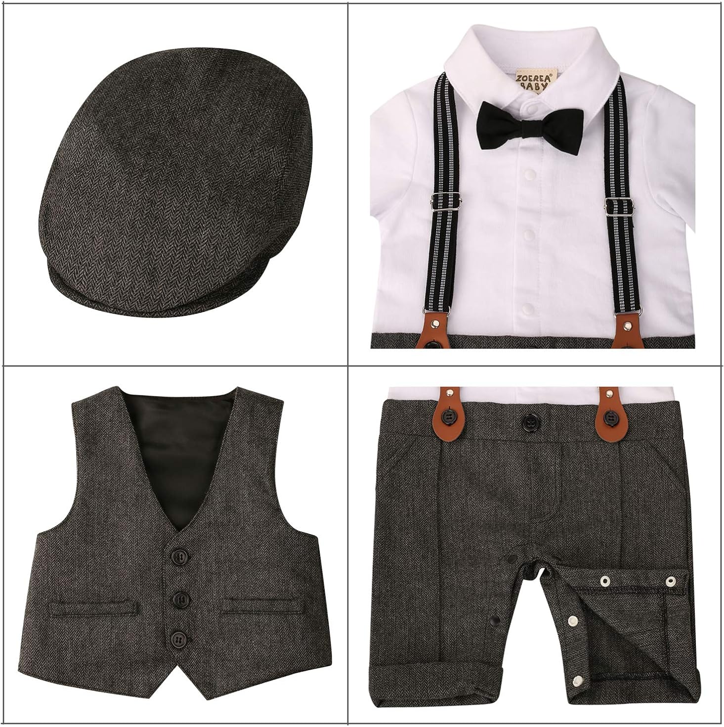 ZOEREA Baby Boy Outfits Set, 3pcs Long Sleeves Gentleman Jumpsuit & Vest Coat & Berets Hat with Bow Tie: Clothing