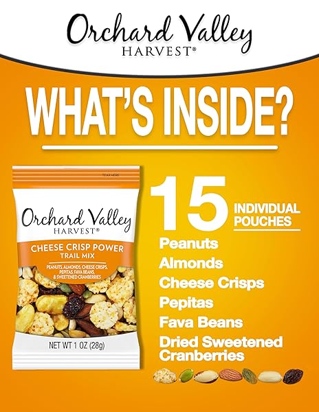 ORCHARD VALLEY HARVEST CHEESE CRISP POWER TRAIL MIX, 1 OZ BAGS (15 COUNT), SNACK PACKS, 7G PROTEIN PER SERVING, TRAIL MIX INDIVIDUAL PACKS, SNACKS FOR ADULTS AND KIDS