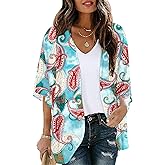 FaroDor Women's Short Sleeve Floral Kimono Cardigan Chiffon Loose Beach Wear Cover Up Tops Blue