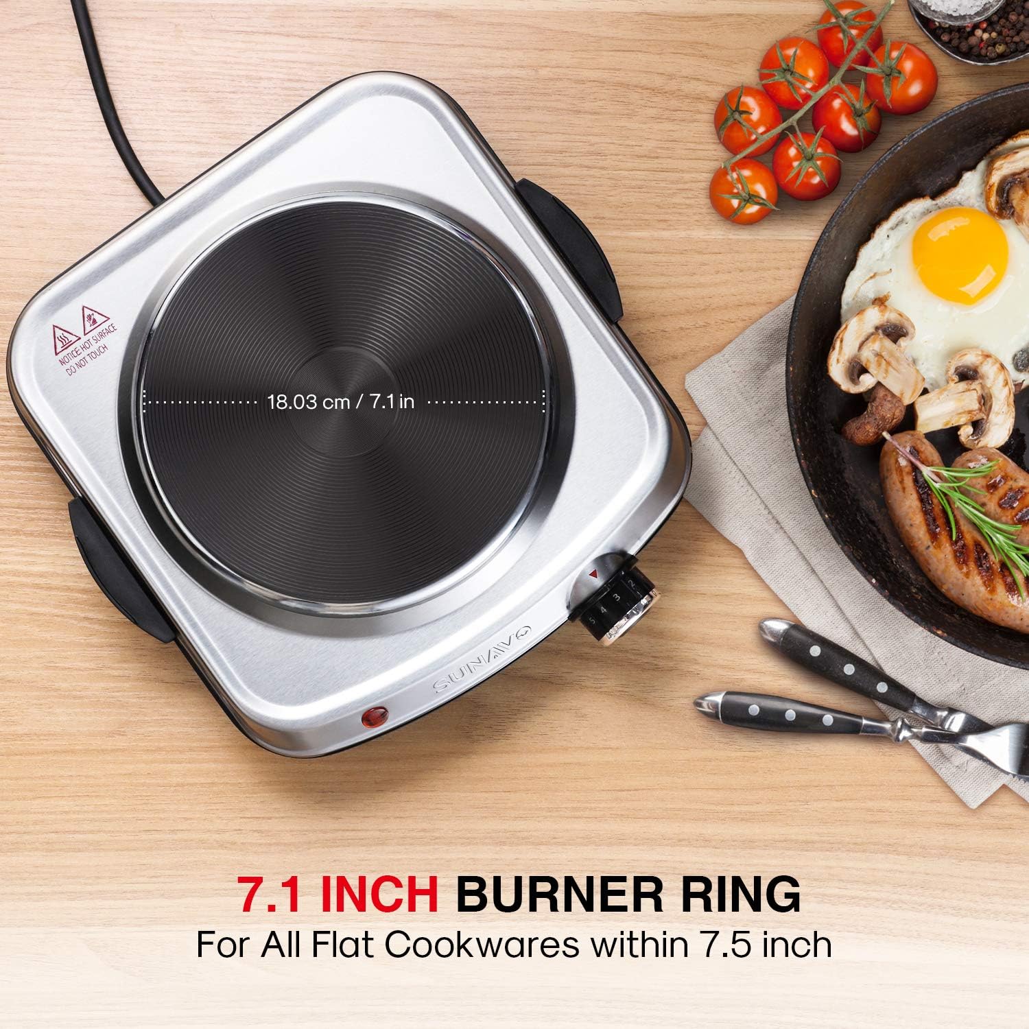 SUNAVO 1500W Hot Plates for Cooking, Electric Single Burner with Handles, 6 Power Levels Stainless Steel Hot Plate for Kitchen Camping RV and More Silver: Kitchen & Dining