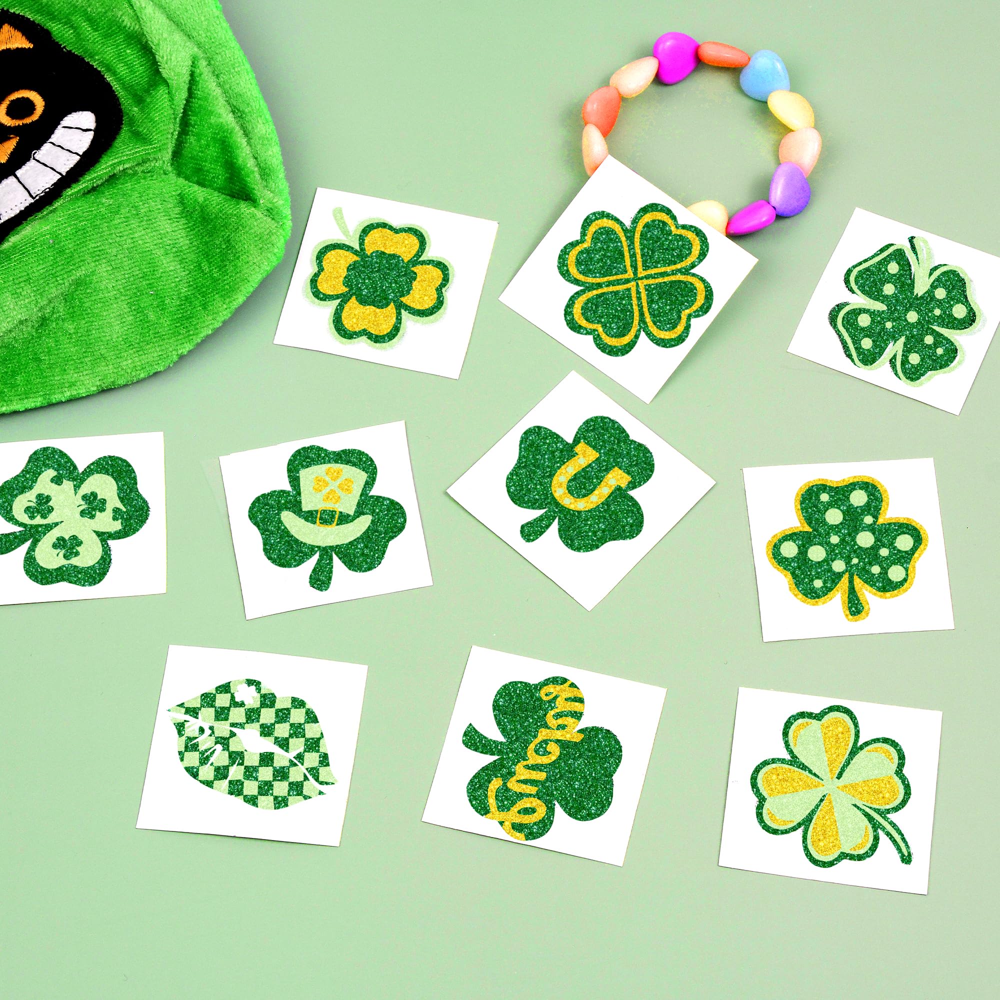 Itscolofy 30 Pcs Glitter St. Patrick's Day Tattoos, St Patricks Day Accessories, St Patricks Day Stickers, Saint Patricks Day Irish Leaf Shamrock Temporary Tattoo Sticker for Body Face, Party Favors Decoration