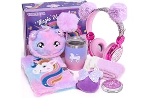 Tacobear Unicorn Gifts Girls Toy Age 5 6 7 8-12 with 3.5mm Wired Headphones Locked Diary Water Bottle Plush Bag Purse Socks Mirror, Christmas Birthday Gift Idea Toys for Teen Girl 6-10+ Years Old
