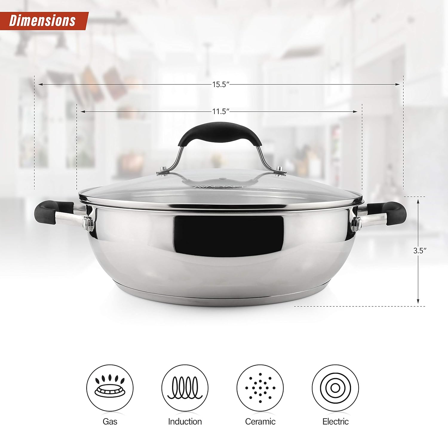 AVACRAFT 18/10 Stainless Steel Everyday Pan, Stir Fry Pan with Five-Ply Base, Chef’s Pan with Glass Lid, Multipurpose Stewpot Skillet, Saute Pan, Casserole in Pots and Pans (11 inch): Kitchen & Dining