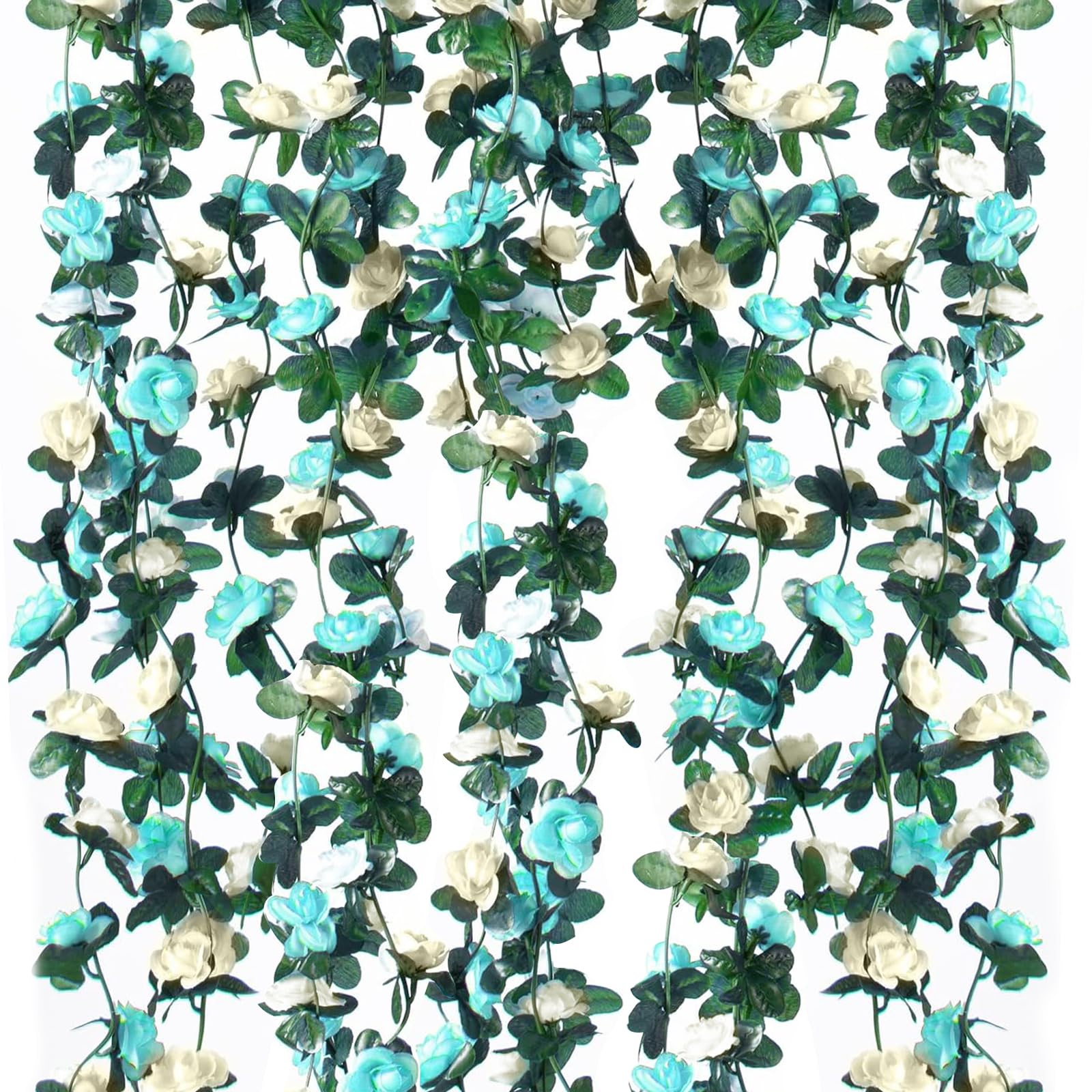 Koyigo 6 Pack 49FT Artificial Fake Rose Garland, Artificial Flower Vine Hanging Rose Garlands for Outdoor Indoor Wedding Wall Badroom Decoration (White Blue)