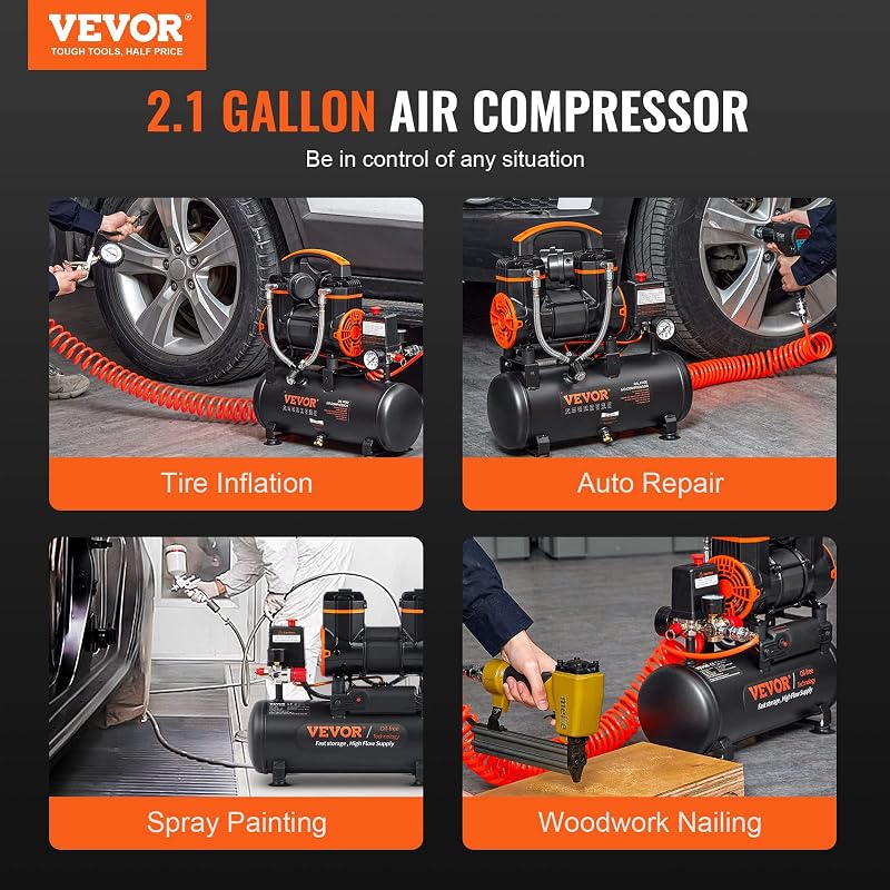 Compresseur à Air 8 L Réservoir Compresseur d'Air Sans Huile 900 W 1,2 CV 3,7 m3/h à 6,2 bar 70 dB pour Réparation Automobile Gonflage Pneus Peinture au Pistolet Clouage Menuiserie