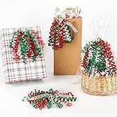 HUIHUANG Christmas Bows for Gift Wrapping Red/White/Green Curly Bows with Self Adhesive & Twist Tie, 7 inch X-mas Ribbon Bow for Presents, Gift Basket, Fall Decor, Party Favors- 6 Counts