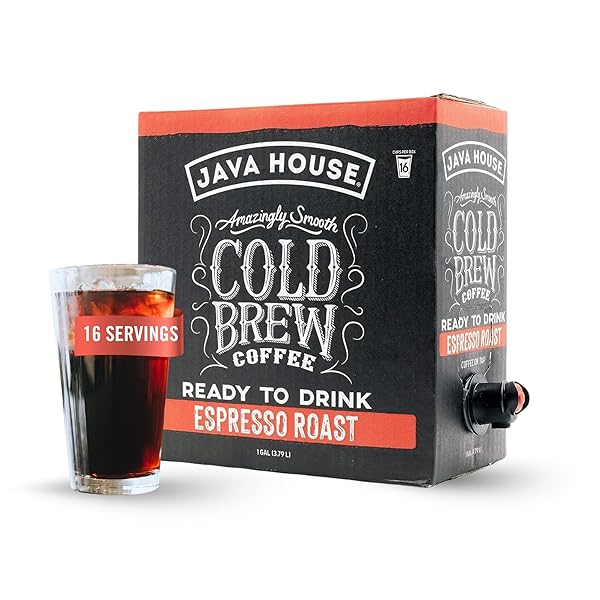 JAVA HOUSE COLD BREW COFFEE ON TAP – PREMIUM 100% ARABICA DARK ROAST – SMOOTH ESPRESSO FLAVOR WITH DARK CHOCOLATE NOTES – 1 GALLON BOX (16 SERVINGS) – READY TO DRINK, NO BREWING REQUIRED, FRIDGE-FRIENDLY