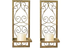 JUCONSIN Metal Wall Candle Sconce Candle Holder Set of 2, Antique Gold Wall Mount Candle Holder Minimalist Line Metal Wall Art Decor Candle Sconces for Living Room Fireplace Wedding Farmhouse