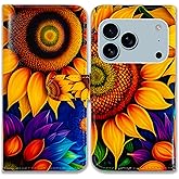 Bcov Case for iPhone 17 Pro,Yellow Sunflower Leather Flip Phone Case Wallet Cover with Card Slot Holder Kickstand Case for iPhone 17 Pro
