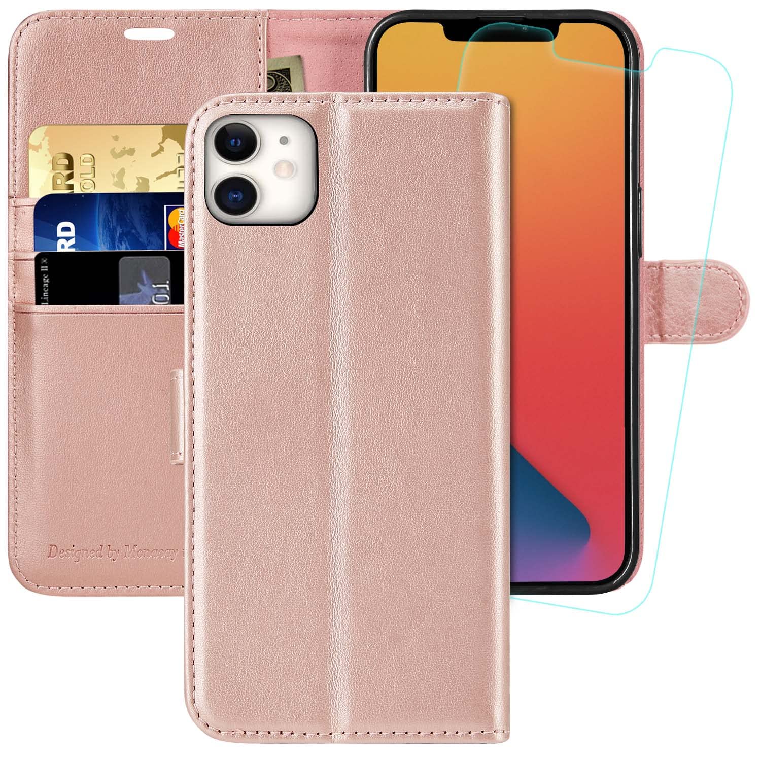 MONASAY Wallet Case for iPhone 11,6.1inch, [Glass Screen Protector Included][RFID Blocking] Flip Folio Leather Cell Phone Cover with Credit Card Holder for iPhone 11,Rose Gold — image 1