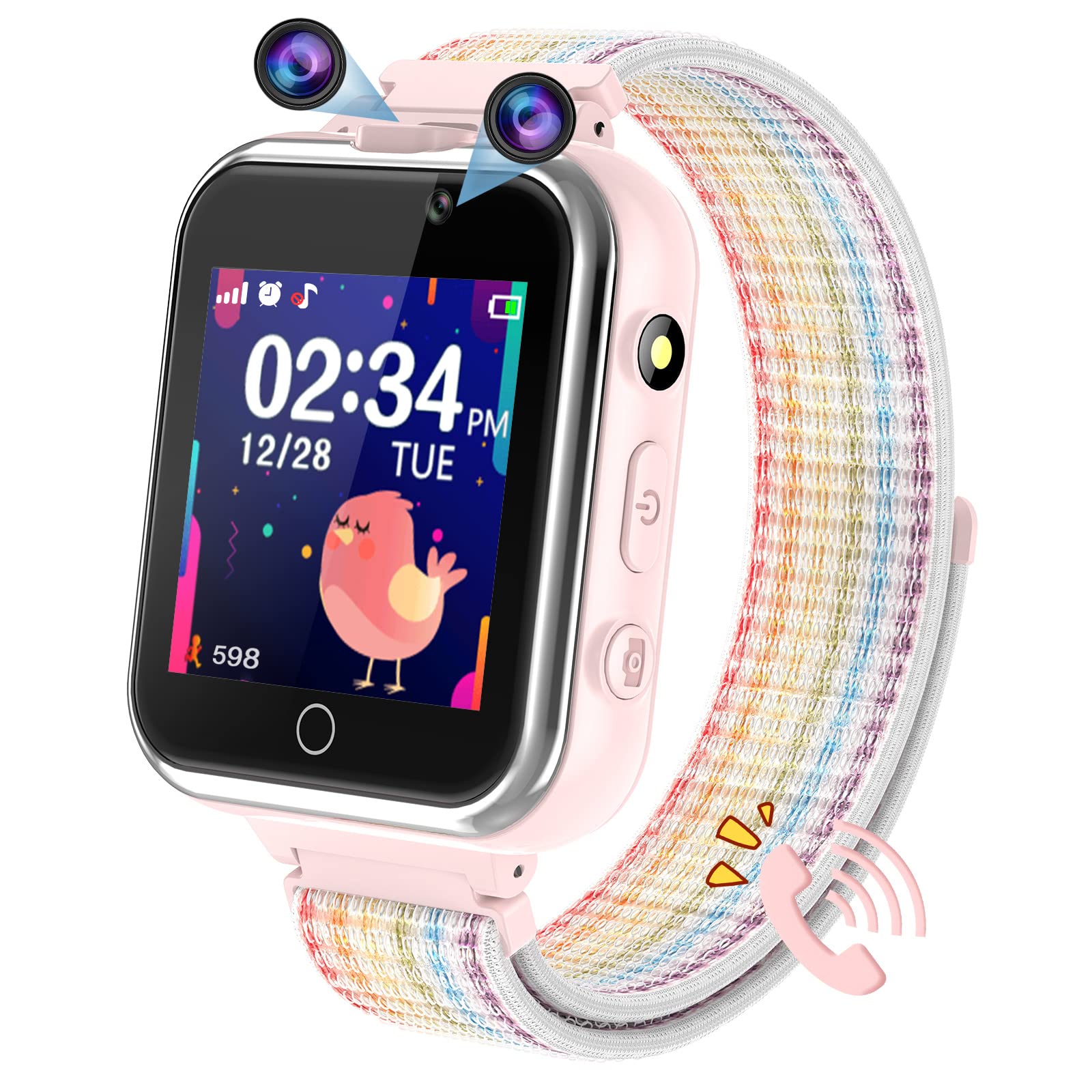 PTHTECHUS Kids Smartwatch Phone, Touch Screen Wrist Watches Step counter Children Music Player Game Wristwatch, School Mode Flashlight Calculator SOS Clock, Boys Girls Student Birthday Gifts (Pink)