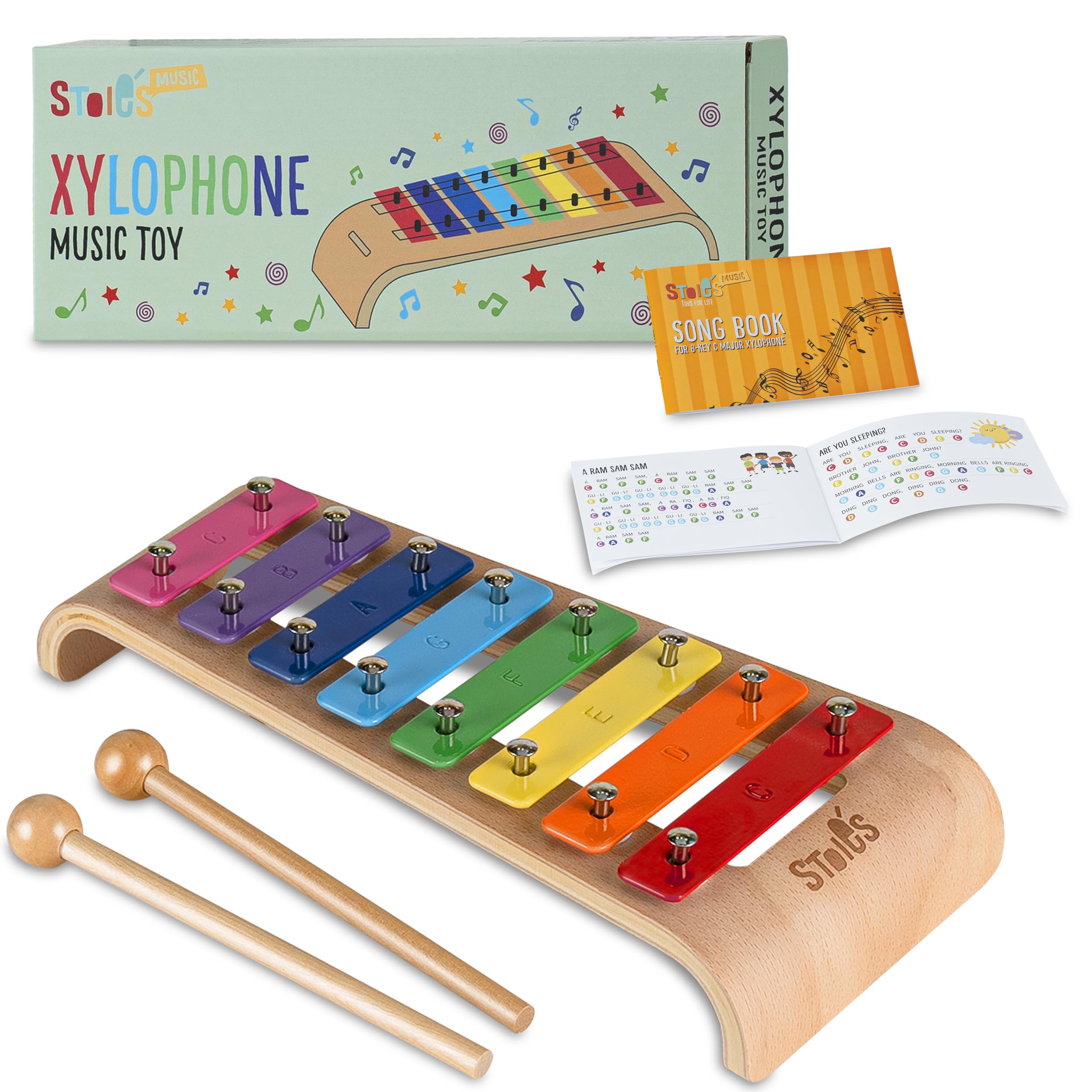 Stoie'sRainbow Xylophone for Kids and Toddlers 3-5, Tuned C-Key Wooden 8 Notes Xylophone with Mallets and Music Song book, Montessori Toy