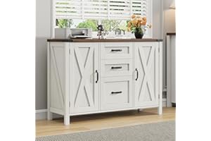 Halitaa 3 Drawer File Cabinet, Farmhouse Lateral Filing Cabinet with Doors Fits Files Letter or A4 Size, Wooden Printer Stand with Open Storage Adjustable Shelf for Home Office, Rustic White