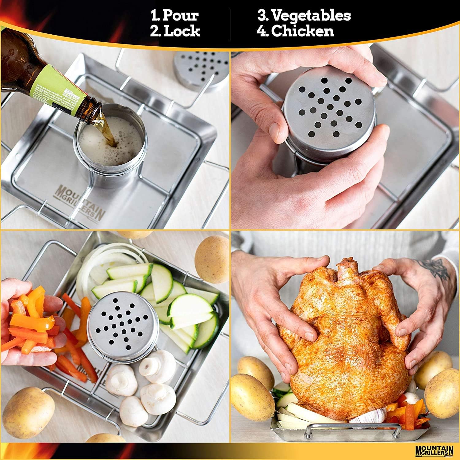 Beer Can Chicken Roaster Stand - Stainless Steel Holder - Barbecue Rack for The Grill, Oven or Smoker - Dishwasher Safe - Includes 4 Vegetable Spikes : Garden & Outdoor