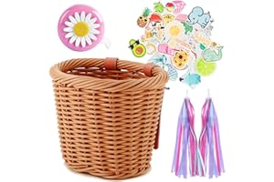 BEVOVBE Kid's Bike Basket for Girls Front Bike Accessories Small Woven Wicker Cruiser Bicycle Basket with Handlebar Streamers Bell Boys16 Bike Girls Cycling Ages 3-13
