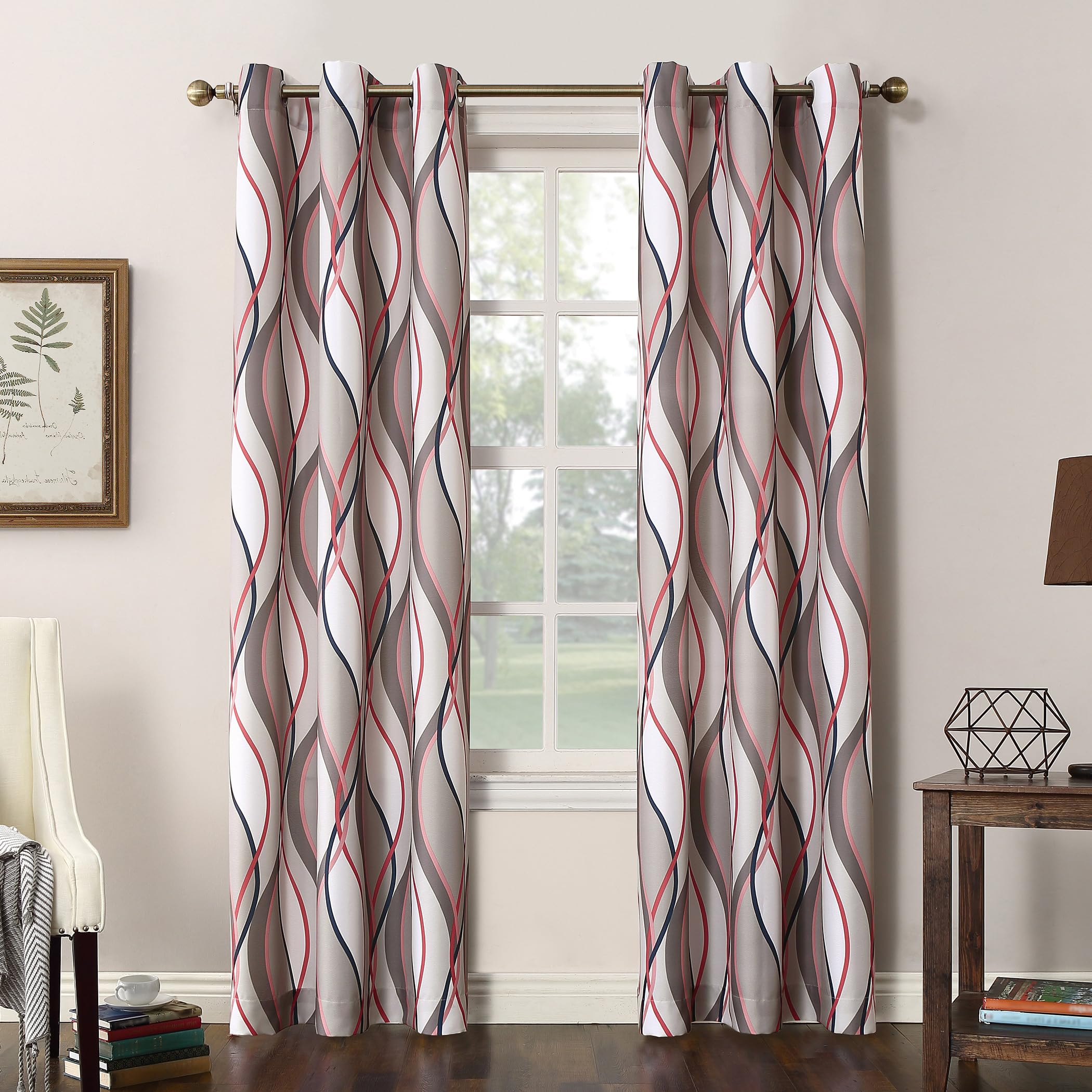 No. 918 Intersect 2-Pack Ogee Print Semi-Sheer Grommet Curtain Panel Pair, 48" x 84", Nickel