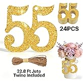 ALISSAR 24PCS Gold 55 Number Tags with 32.8 Ft Jute Twine – 55th Birthday Decorations, 55th Anniversary Party Supplies, Mason Jar Centerpieces, Gift Wrapping & Table Decor Kit