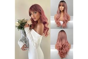 Honygebia Pink Wigs with Bangs - Long Ombre Pink Wigs for Women, Light Wavy Heat Resistant Hair Pink, Synthetic Dark Root Natural Looking - Best Wigs for Halloween/Christmas/Cosplay/Party