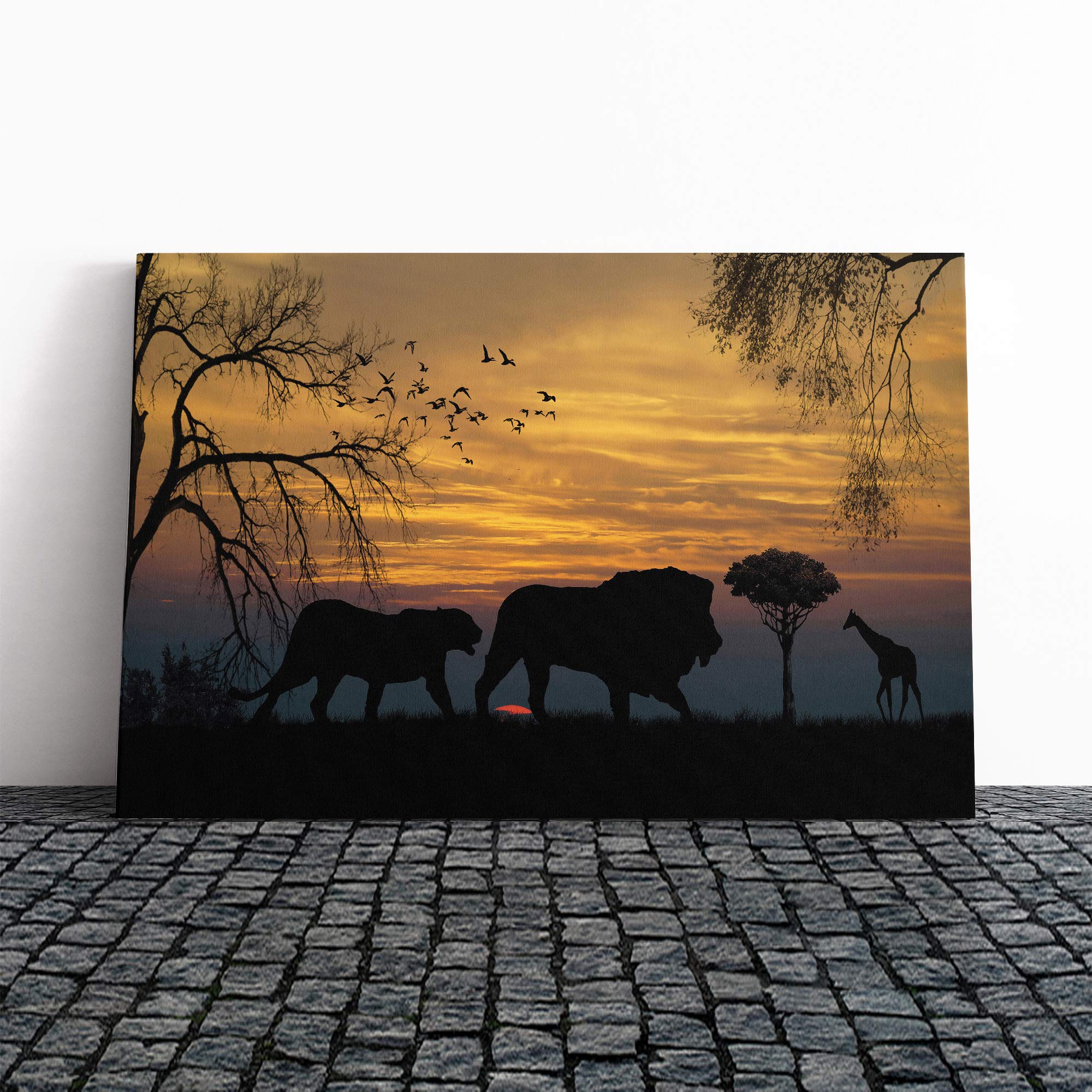 Lions and Giraffe Sunset Landscape Canvas Print | Gallery Wrapped 30mm Frame Wall Art | 20x14 inches | Ready to Hang | Modern Animals Picture | Living Room Bedroom Lounge Office