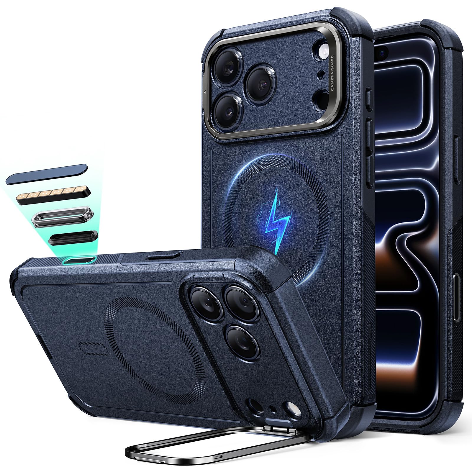 Photo 1 of ESR for iPhone 17 Pro Case with Stash Stand, 7X Military-Grade Drop Protection with Camera Control, Shock-Absorbing Phone Rugged Cover, Compatible with MagSafe Accessories, Cyber Series, Blue