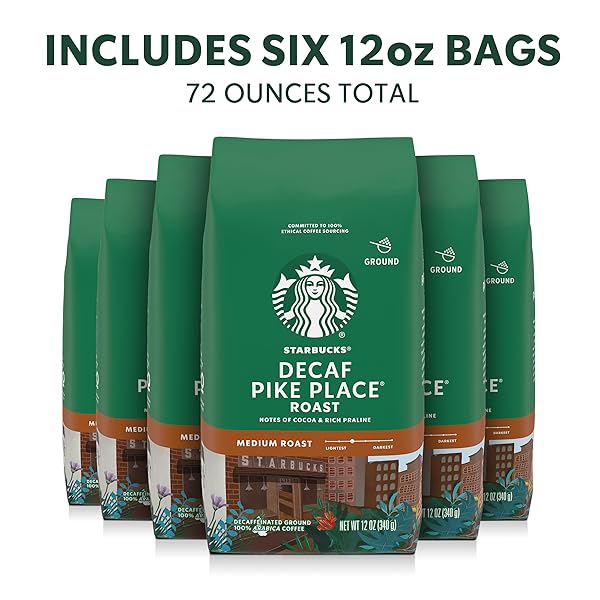 STARBUCKS GROUND COFFEE, MEDIUM ROAST HOT OR ICED COFFEE, DECAF PIKE PLACE ROAST, SIX 12 OZ BAGS​