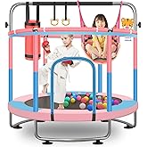 60" Toddler Trampoline for Kids, 5FT Adjustable Trampoline Indoor Outdoor with Enclosur Net, Mini Trampoline for Kids 3-10, 880lbs Capacity, Adjustable Gymnastics Bar, Basketball Hoop, Swing