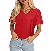 YUCOLEN Cropped T Shirts for Women Short Sleeve V Neck Cotton Basic Tees Soft Loose Fit UPF 50+ Crop Tops for Summer
