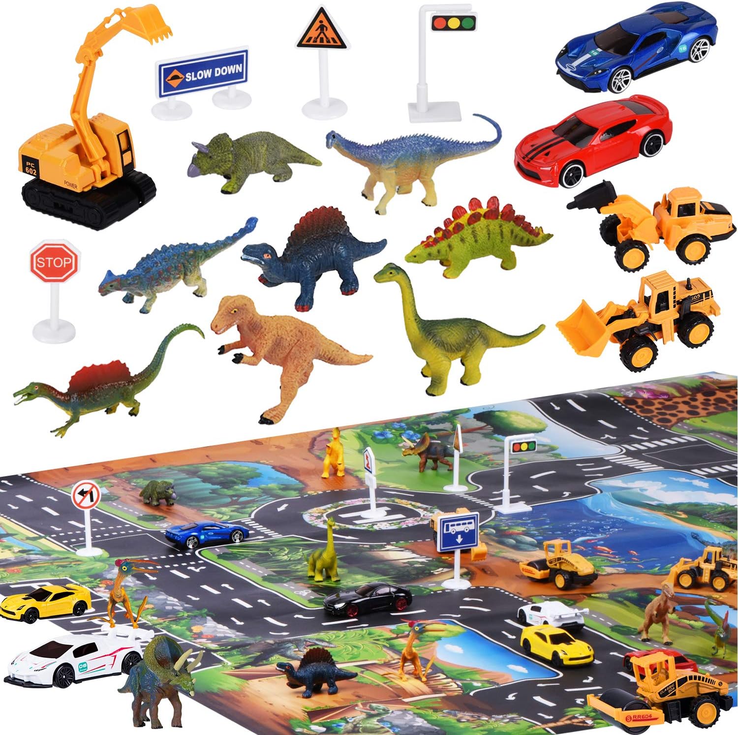 Joyjoz 12 Dinosaur Toys Car Sets for Boys, Toy Cars with Play Mat, 5 Racing Model Cars, 4 Engineer Vehicles, 18 Traffic Signs, STEM & Educational Gift Toys for Boys, Girls with Storage Box