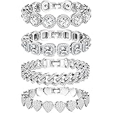 TEN MIRO Silver Plated Bracelets for Women,Silver Tennis Bracelets for Women Non Tarnish Heart Round Square Cuban Bracelet stack Layered Link Bracelet Set Fashion Jewelry for Women or Men