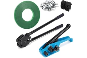 DJSUNPACKING Banding Strapping Kit Pallet Packaging Strapping Tool Set with 100 Plastic Packaging Corner, 100 Metal Seals and 5/8" x 200' Polyester (PET) Strapping Roll