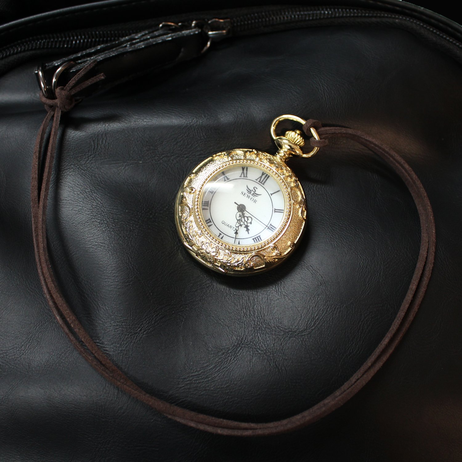 SEWOR Quartz Pocket Watch Shell Dial Magnifier Case with Two Type Chain (Leather+Metal) (Gold)