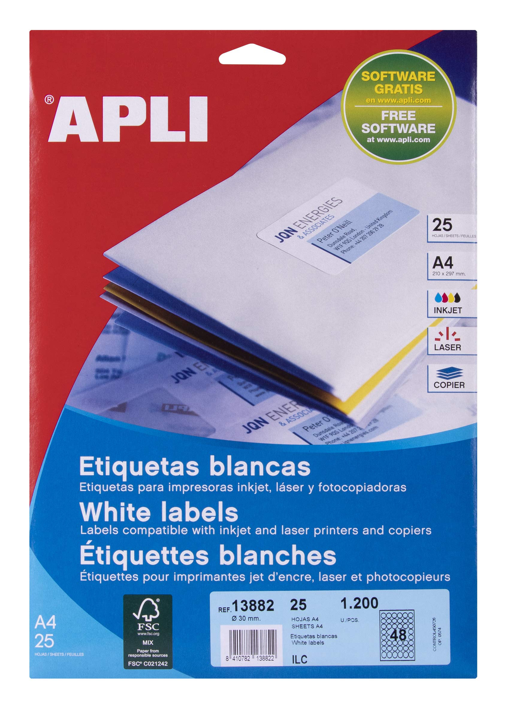 APLI 13882 – Permanent White Labels Ø 30 mm 25 Sheets