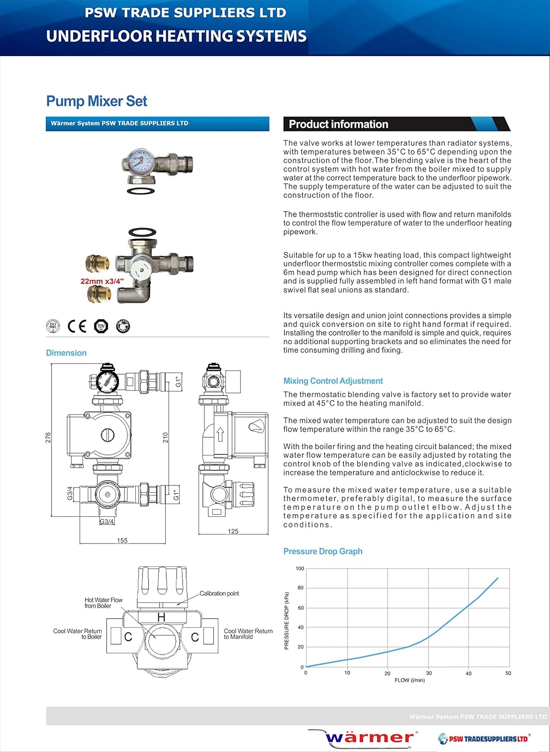 Wärmer System Pre-Assembled Thermostatic Controller Blending Mixing Valve for Underfloor Heating Manifold with Adjustable Control Range Left-Right Interchange Function Simple and Quick Installation - Image 3