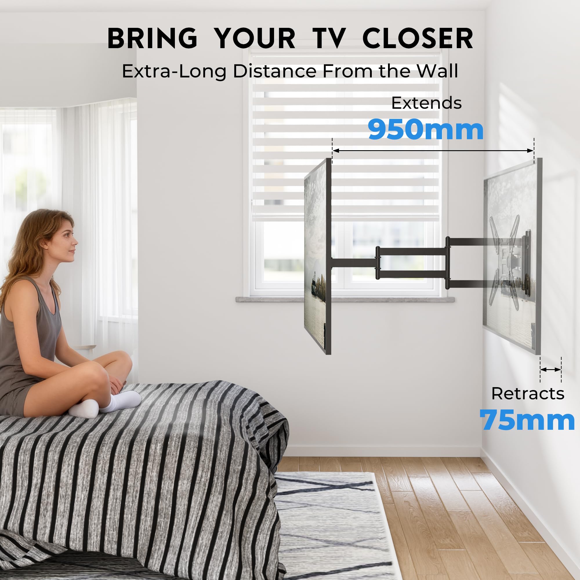 BONTEC Langarm TV Wandhalterung 950 mm Auszug für 26–65 Zoll Fernseher, voll bewegliche TV Halterung schwenkbar und neigbar, stabile Fernsehhalterung VESA 400x400 mm, bis 35 kg 3