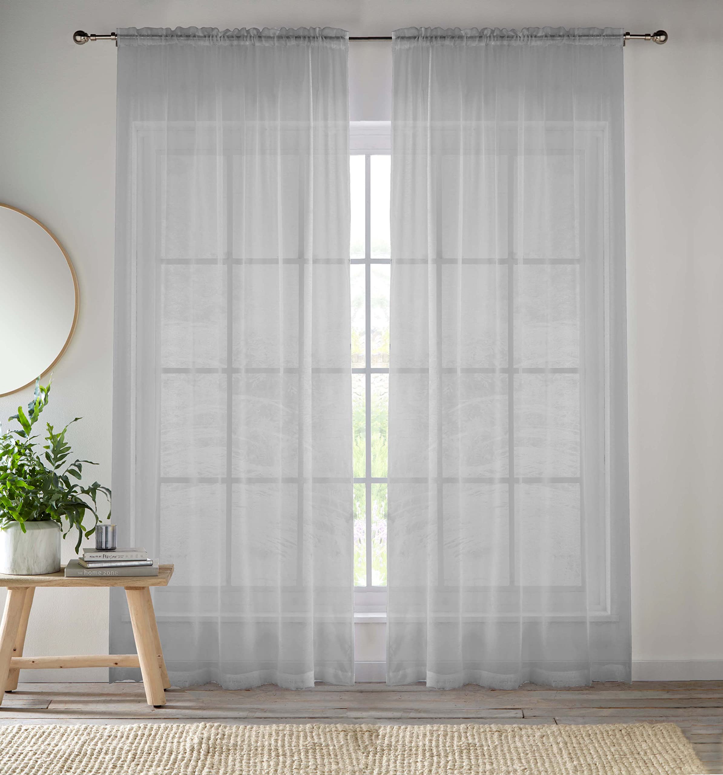 Enhanced Living Silver Voile Curtains for Living Room Panel Pair - 57 Wide x 54 Drop - Plain Woven Slot Top Sheer Curtains (57"x54") 145x137cm